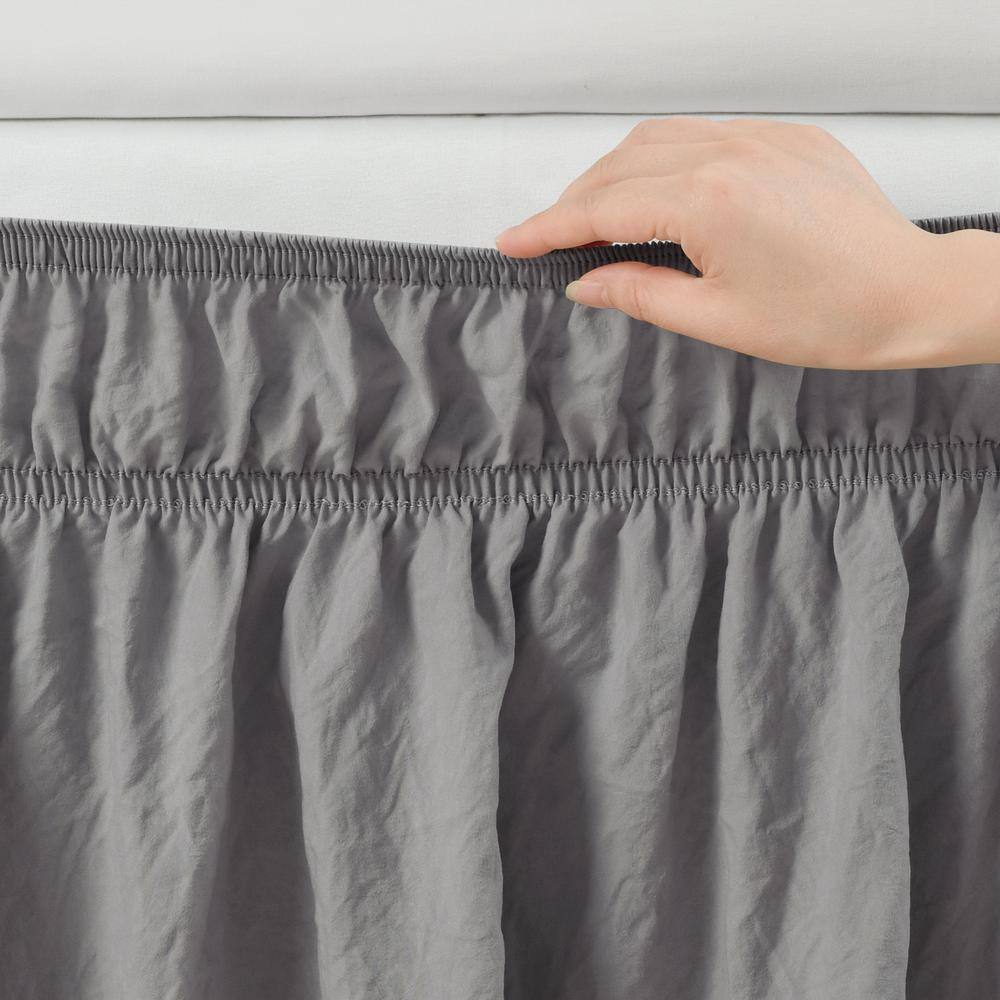 Dark Gray Ruched Ruffle Elastic Easy Wrap Around Queen/King/Cal King Bed Skirt
