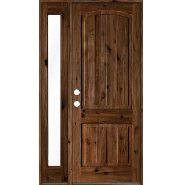 Krosswood Doors 44 in. x 96 in. Rustic knotty alder Right-Hand/Inswing Clear Glass Provincial Stain Wood Prehung Front Door w/Sidelite