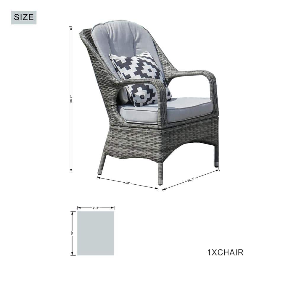Wicker patio armchair with dimensions.