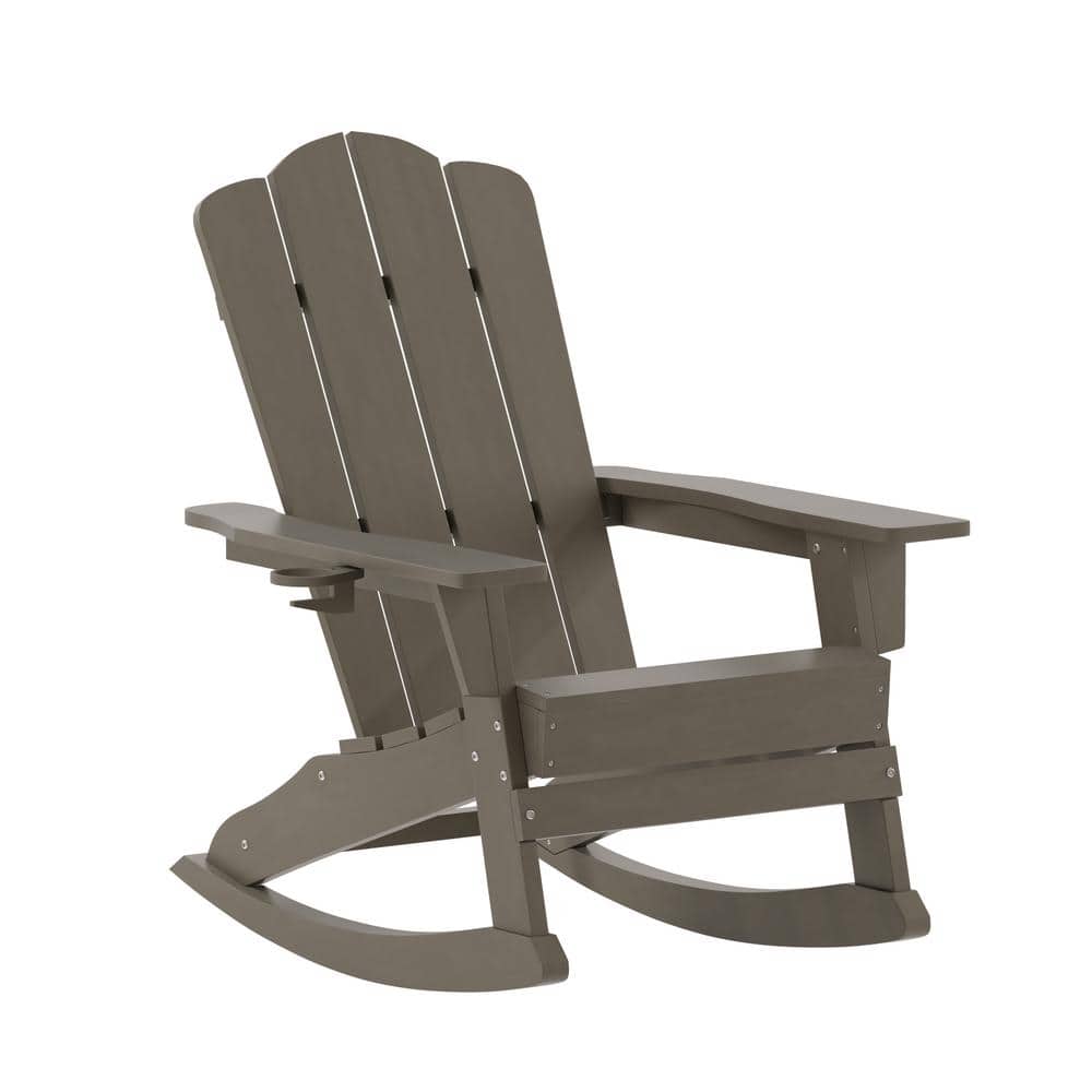 Nellis Brown Weather Resistant Plastic HDPE Adirondack Outdoor Rocking Chair with Cup Holder