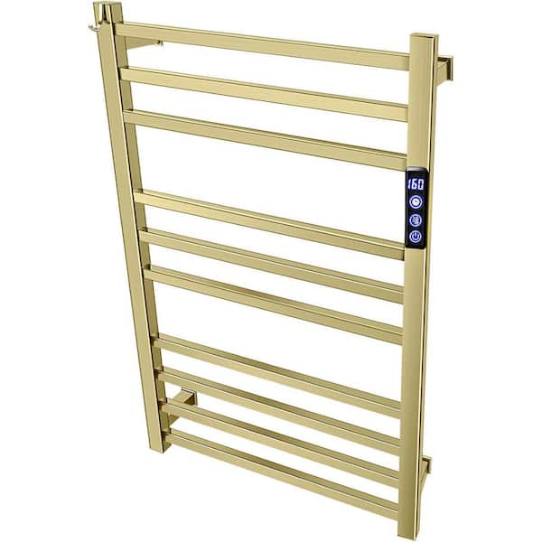 Wall Mounted Electric Heated 10 Bar Towel Warmer Rack with Timer/Fahrenheit Control Plug-in or Hardwired Brushed Gold