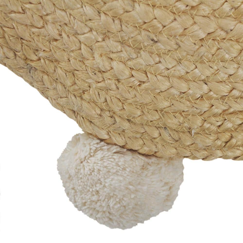 Round Natural Jute Throw Pillow with Pom Pom Border