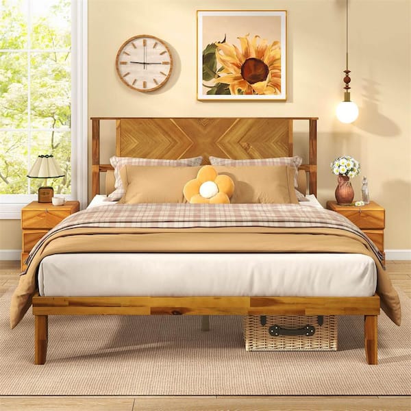 Rustic Golden Brown Wood Frame Queen Size Platform Bed with Headboard Under-Bed Space No Box Spring Needed