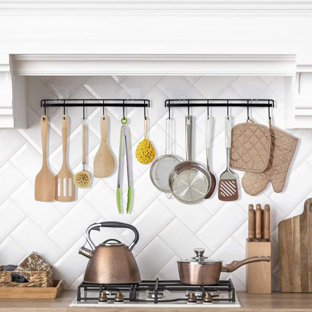 Wall Mounted Pot Rack with Adhesive and 6 Hooks for Kitchen, Bathroom, and Bedroom Organizing, Black (2-Pack) price history on PriceWatchPro