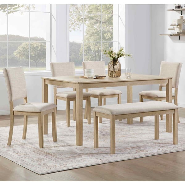 6-Piece Rectangle Beige/Light Oak Wood Top Dining Room Set Seats 6