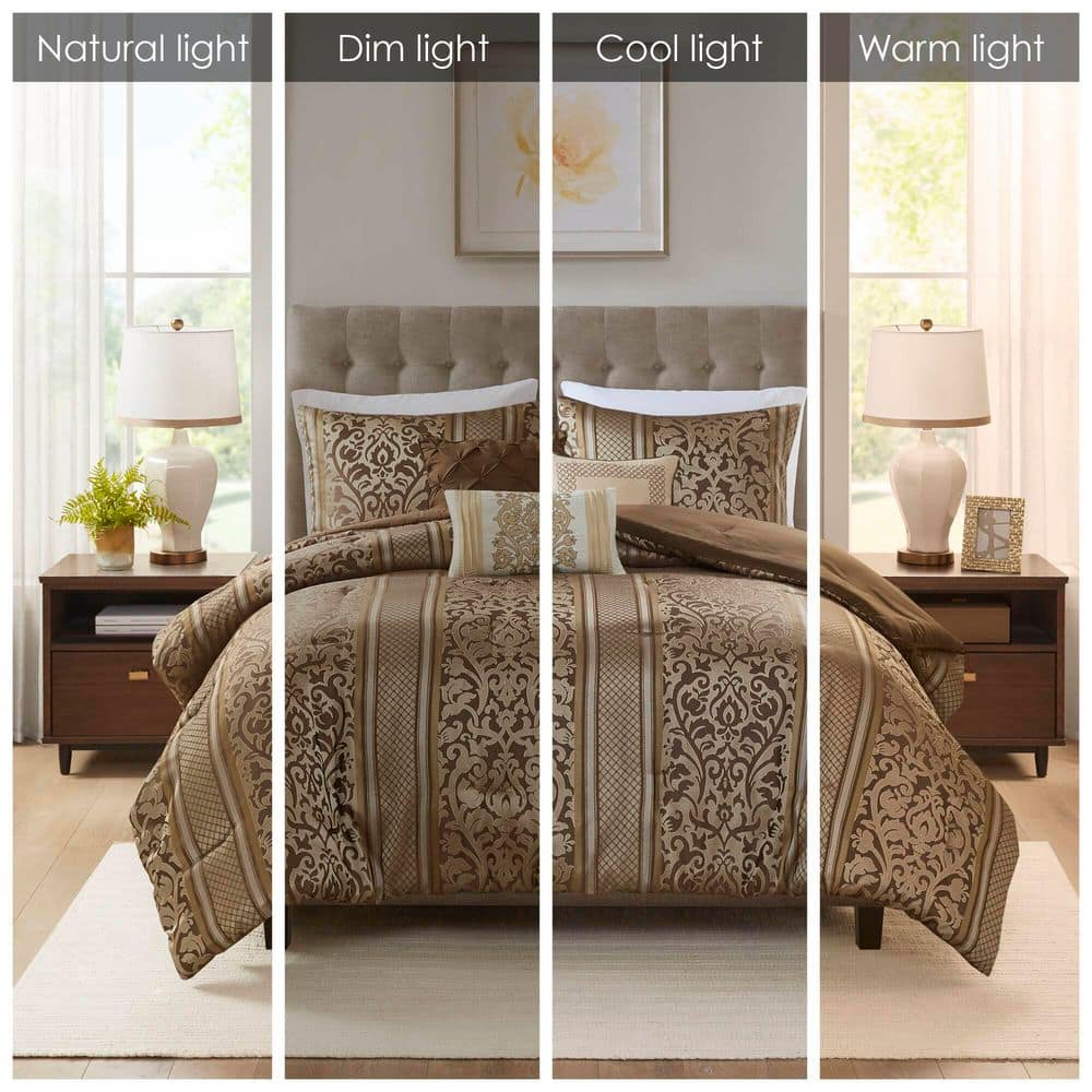 Full Brown Jacquard Microfiber Comforter Set with Throw Pillows