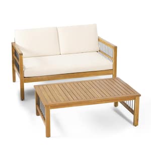 Bennion Acacia Wood Outdoor Loveseat and Coffee Table Set with Black Iron Accents and Beige Cushions