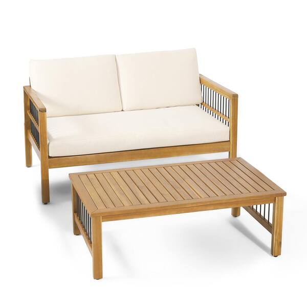 Noble House Bennion Acacia Wood Outdoor Patio Loveseat and Coffee Table Set with Black Iron Accents and Beige Cushions