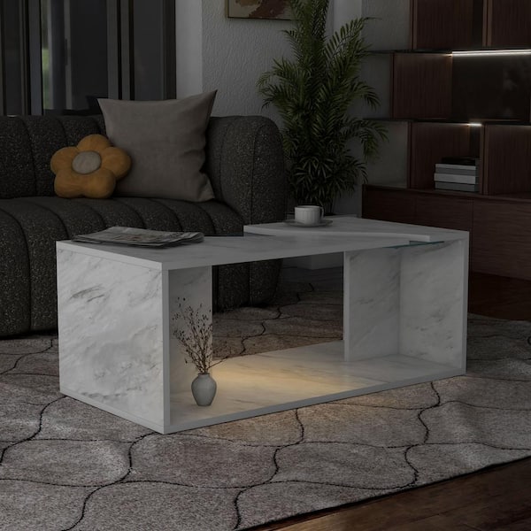 Furniture of America Dulcet 39.37 in. White Rectangle Glass Top Coffee Table with LED Lights