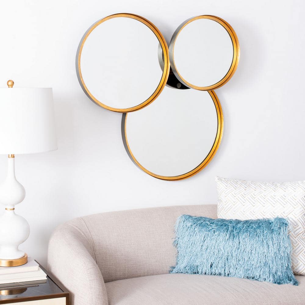 Mid-Century Mod Round Wood Mirror with Gold Foil Accents, Set of 3