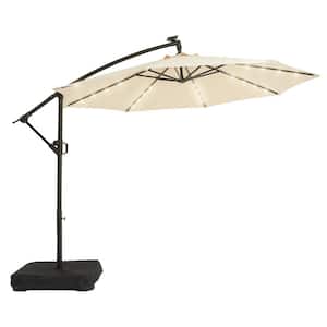 10 ft. Solar LED Offset Hanging Umbrella Cantilever Patio Umbrella with Tilt Adjustment and Cross Base in Beige