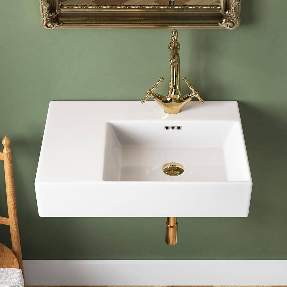 23.43'' White Ceramic Rectangular Wall Mount Bathroom Sink with Overflow
