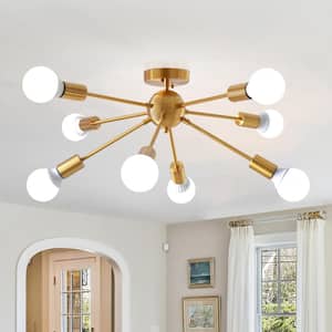 30.11 in. 8-Light Gold Sputnik Semi Flush Mount Chandelier for Bedroom Living Room with No Bulbs Included