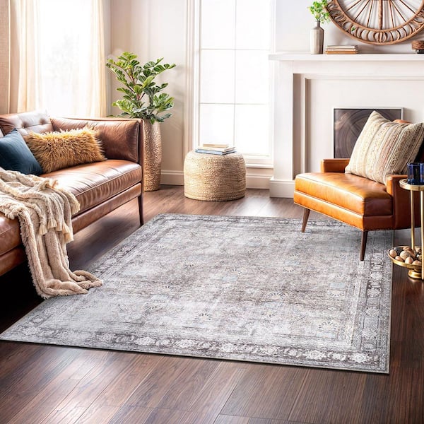 Vintage Inspired Machine Washable Non Slip Olive 4 ft. x 6 ft. Area Rug