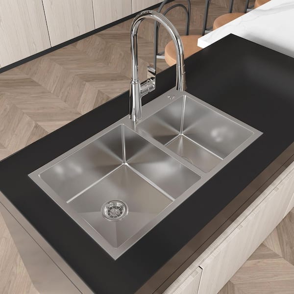 Inoxa 32 in. x 19 in. Drop-In Double Bowl 16-Gauge Stainless Steel Kitchen Sink in Brushed Nickel