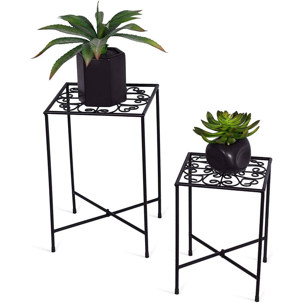 Black Iron Scroll Design Indoor Plant Stands, Set of 2