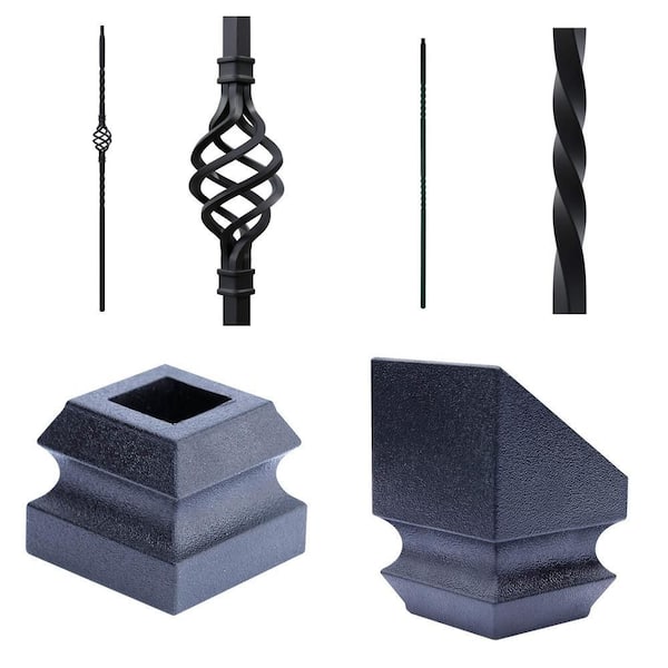 44 in. x 1/2 in. Matte Black Single Basket and Double Twist Iron Baluster with Slip N Grip Flat and Angle Shoe Combo