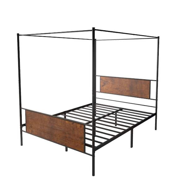 Aoibox 60 in. W Black Canopy Bed Frame Queen Size with Wood Headboard Metal Steel slats Support, Easy Assembly