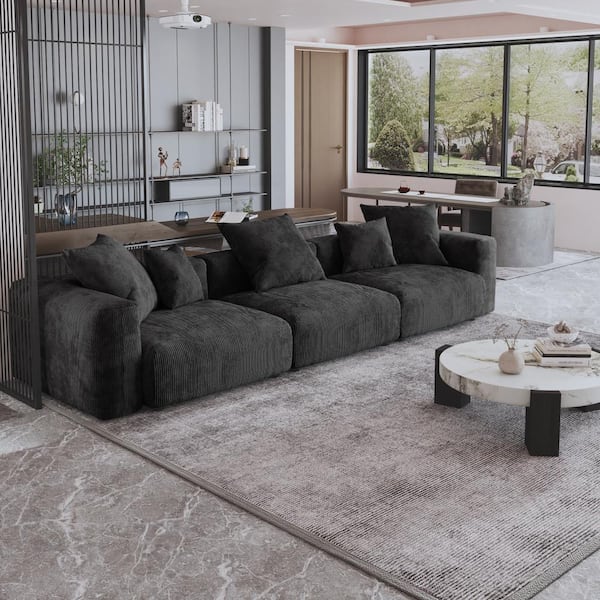 141.71 in. Square Arm Corduroy Velvet 3-Pieces Modular Free Combination Sectional Sofa with Ottoman in Black