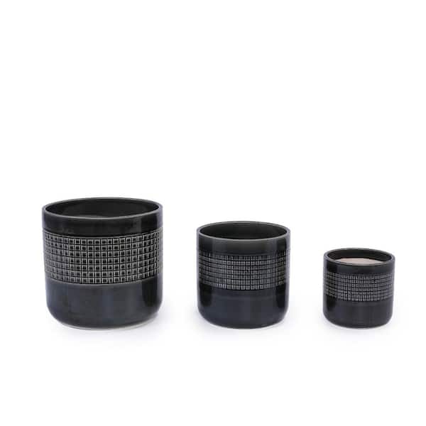 Black Glazed Grid Ceramic Outdoor Planter Set with Drainage Holes(Set of 3)