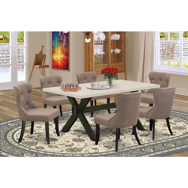 East West Furniture 7-Piece Rectangle Natural Oak Finish Solid Wood Top Dining Table with 6 Chairs with Lattice Back