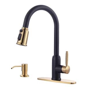 Elegant Stainless Steel Single Handle Pull Down Sprayer Kitchen Faucet with Soap Dispenser in Black and Gold