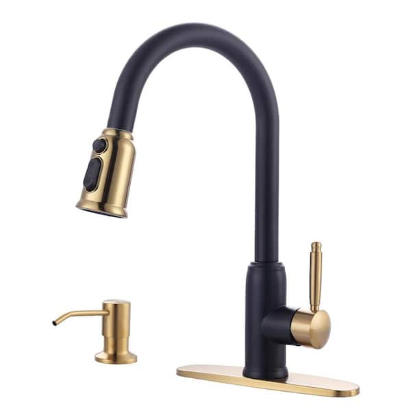 Elegant Stainless Steel Single Handle Pull Down Sprayer Kitchen Faucet with Soap Dispenser in Black and Gold