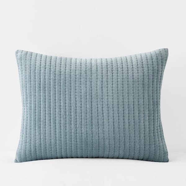 The Company Store Legends Luxury Straight Stitch Velvet Mineral Blue Cotton Standard Quilted Sham