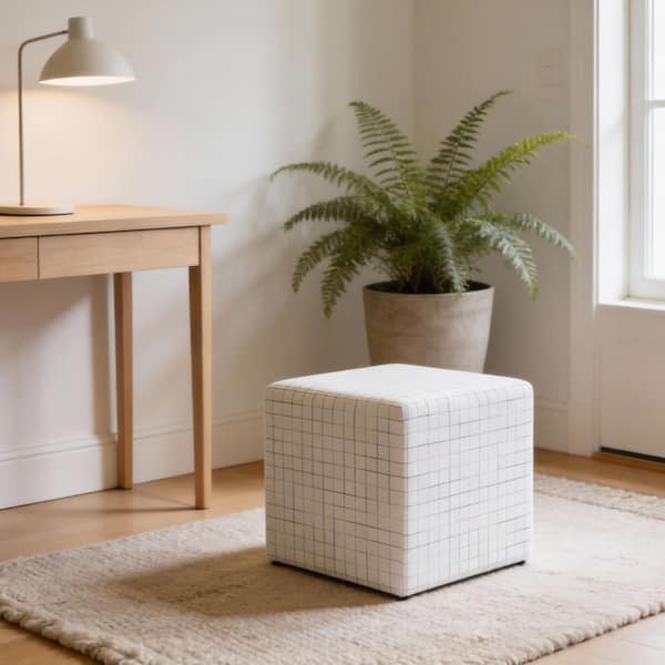Cream Natural Windowpane Durable Polyester Cube Ottoman
