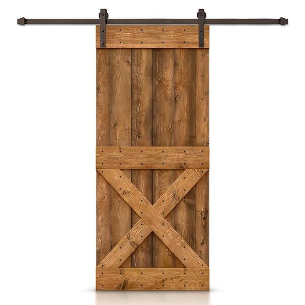 CALHOME Mini X 38 in. x 84 in. Walnut Stained DIY Knotty Pine Wood Interior Sliding Barn Door with Hardware Kit