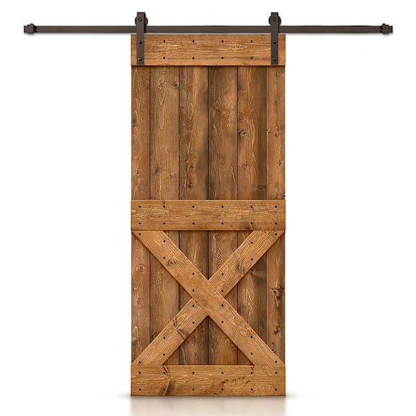 CALHOME Mini X Series 38 in. x 84 in. Pre-Assembled Walnut Stained Wood Interior Sliding Barn Door with Hardware Kit