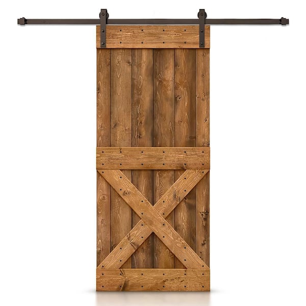 CALHOME Mini X 42 in. x 84 in. Walnut Stained DIY Knotty Pine Wood Interior Sliding Barn Door with Hardware Kit