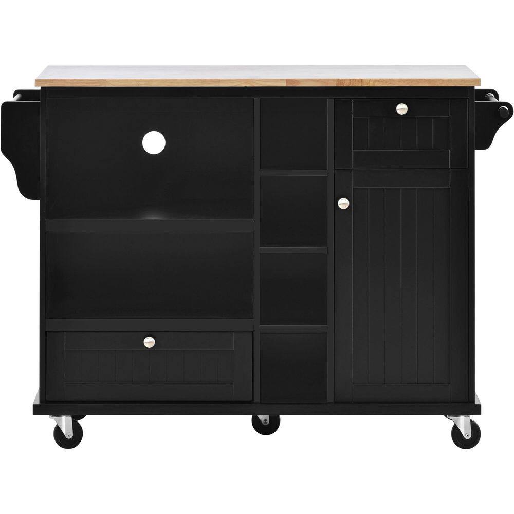 Black Rubber Wood Kitchen Cart with Spice Rack and Towel Rack