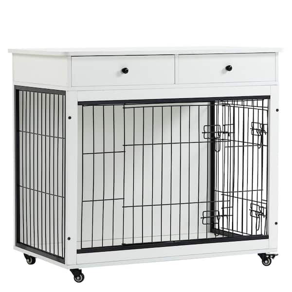 Unbranded 31.7 in. L x 23.2 in. W x 33 in. H Dog Crate Furniture Wooden Dog Crate End Table Kennel Storage Dog Crate in White
