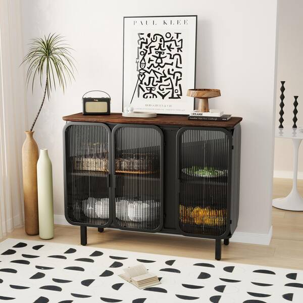 FUNKOL 14.37-in W x 40.94-in D x 31.69-in H in Black Metal Ready to Assemble Floor Kitchen Cabinet with Glass Doors