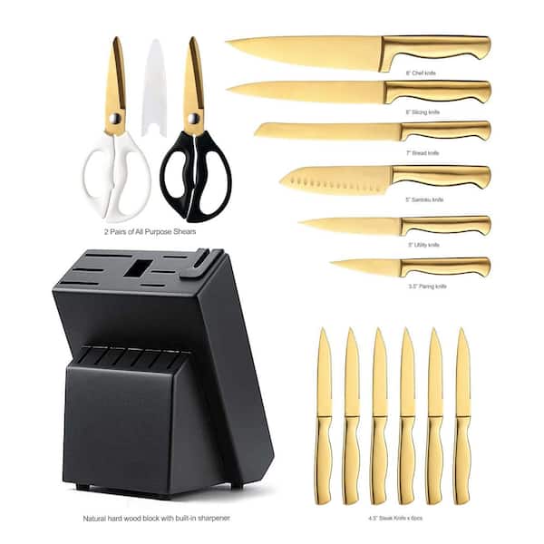 15-Piece Stainless Steel Knife Sets, Golden Titanium German Kitchen Knife Block Sets with Built-in Sharpener