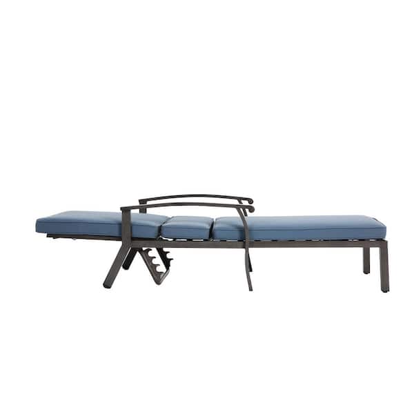 Black Metal Outdoor Chaise Lounge with Adjustable Backrest, Blue Cushions