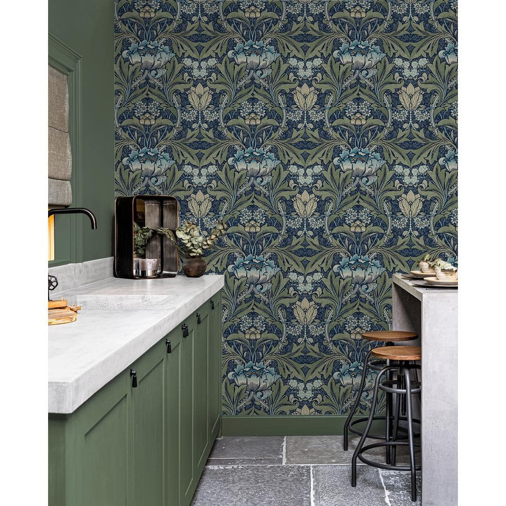 Denim & Sage Acanthus Floral Peel and Stick Wallpaper