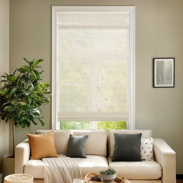 Light-Filtering Cordless Bottom-Up Mesh Sand Bamboo Window Shade 70 in. W x 48 in. L