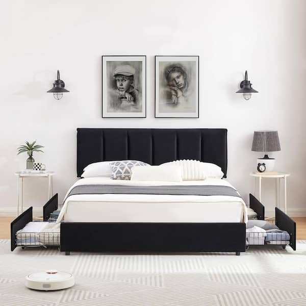 VECELO Upholstered Bed Frame Black Full Metal Frame With 4-Storage Drawers and Adjustable Headboard Platform Bed Frame