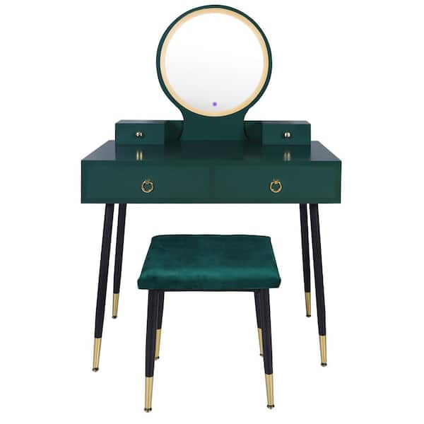 VEIKOUS 53.1 in. H x 35.4 in. W x 16.5 in. D Dark Green Bedroom Vanity Sets Makeup Table Set with Round Lights Mirror and Stool