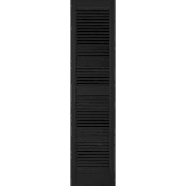 Ekena Millwork 12 in. x 52 in. Lifetime Vinyl Custom Straight Top Center Mullion Open Louvered Shutters Pair Black