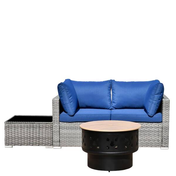 Sanibel Gray 4-Piece Wicker Outdoor Patio Conversation Sofa Set with a Wood-Burning Fire Pit and Navy Blue Cushions
