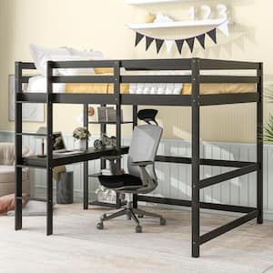 Brown Full Size Wooden Loft Bed with Built-In Desk and Shelves