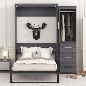 Gray Wood Frame Twin Size Murphy Bed with Wardrobe and Three Drawers
