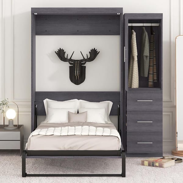 Harper & Bright Designs Gray Wood Frame Twin Size Murphy Bed with Wardrobe and Three Drawers