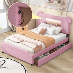 Pink Wood Frame Full Size Platform Bed with Cartoon Ears Headboard, LED and USB