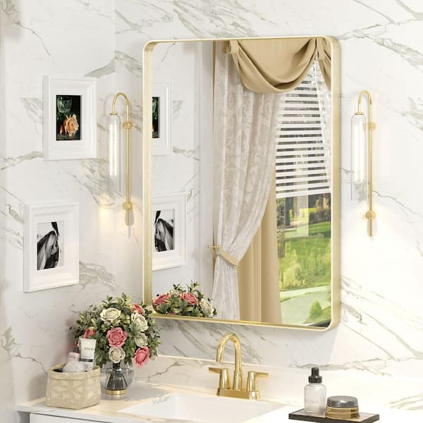 24 in. W x 32 in. H Rectangular Aluminum Alloy Framed and Tempered Glass Wall Bathroom Vanity Mirror in Brushed Gold