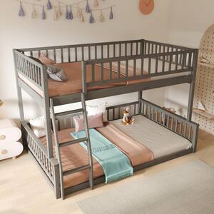 Gray Full XL Over Queen Adjustable Wooden Bunk Bed with Ladder and Guardrails