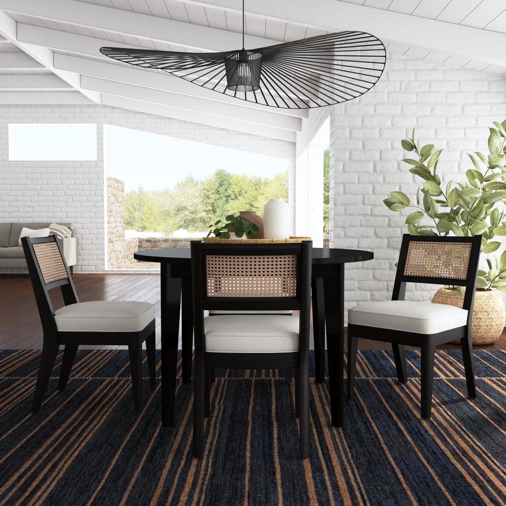 Brentwood Black Wood Round Dining Set with Ivory Cushions